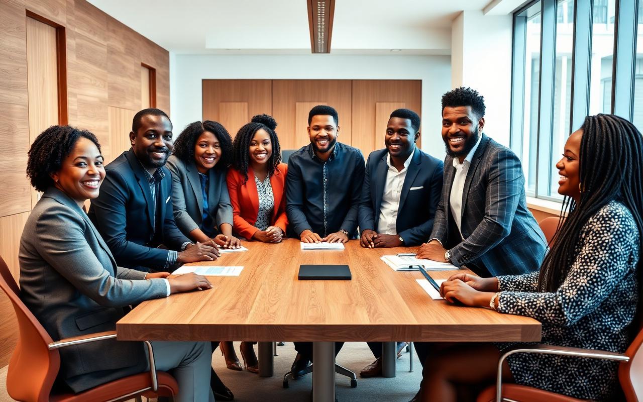 Grupo de sete profissionais angolanos sentados à volta de uma mesa de reuniões, sorridentes e em conversa colaborativa.