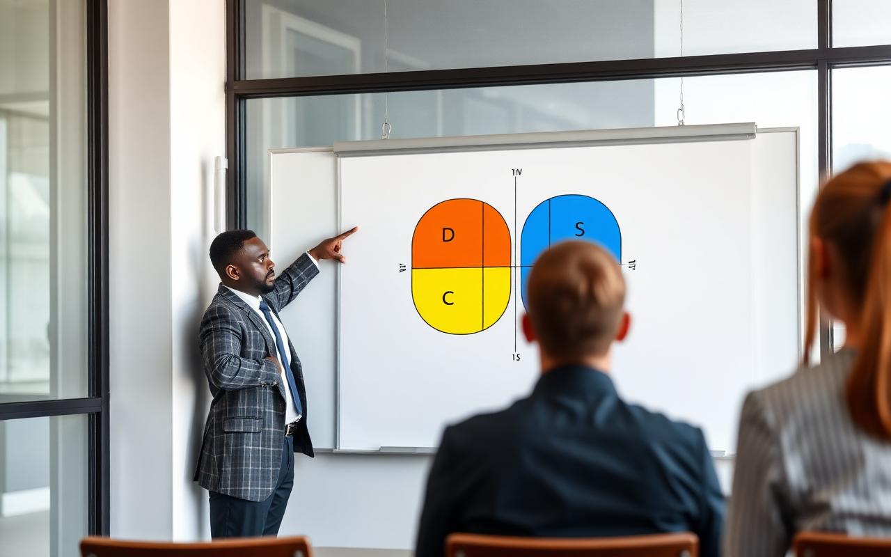Formador a apontar para um diagrama DISC com quatro quadrantes coloridos numa sala de formação.