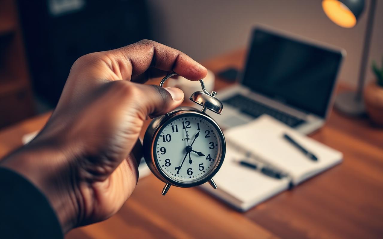Mão a segurar um despertador analógico em primeiro plano, com agenda e portátil desfocados ao fundo.