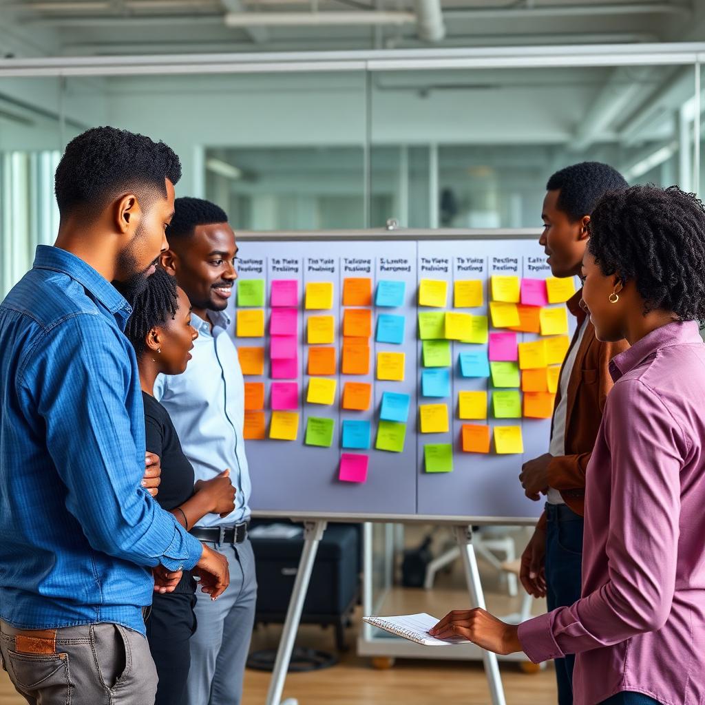 Equipa angolana reunida à volta de um quadro Kanban repleto de post-its coloridos durante uma sessão de planeamento ágil.