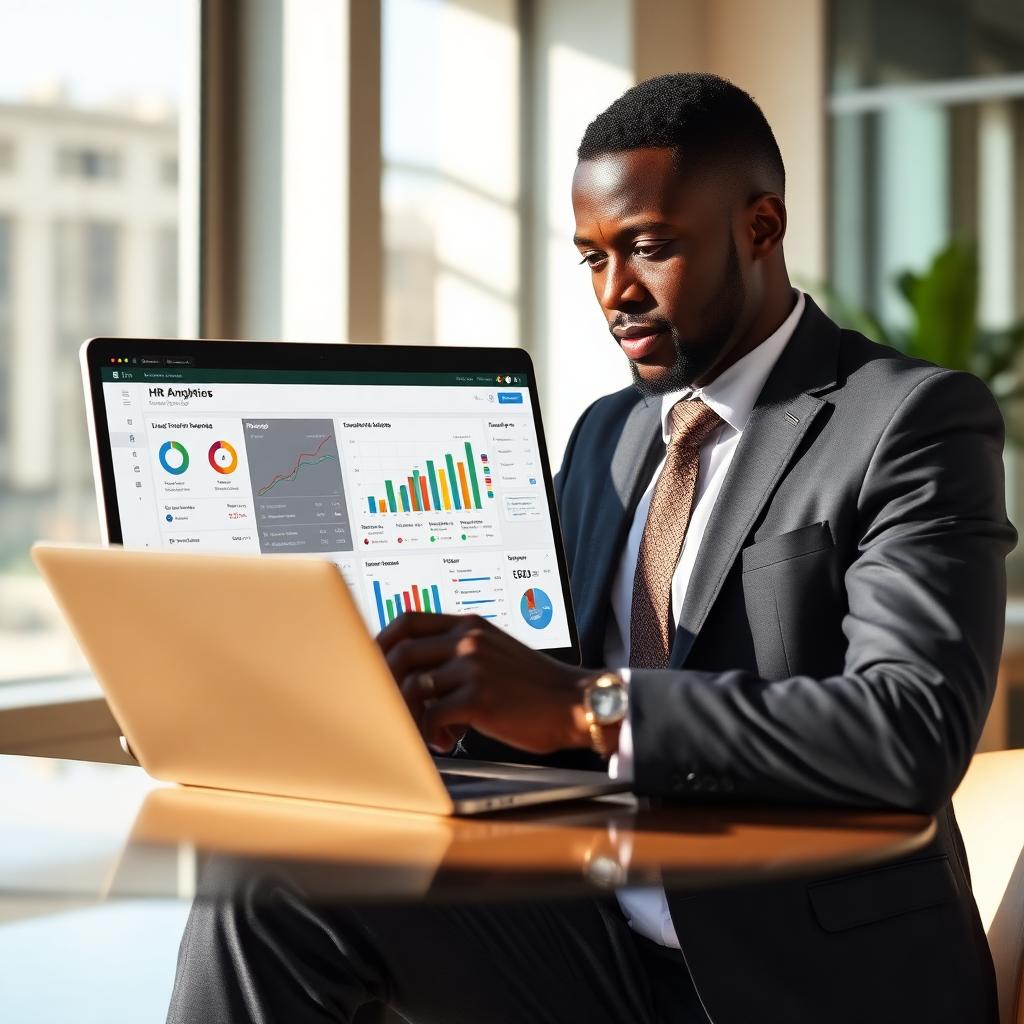 Profissional angolano de RH a analisar um dashboard de people analytics num portátil moderno num escritório iluminado.